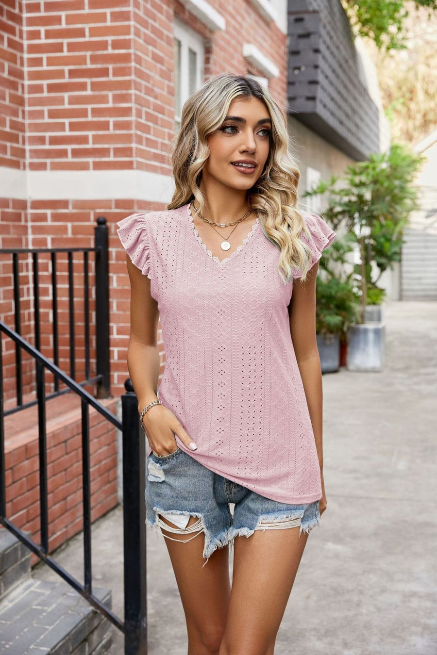 Eyelet Flutter Sleeve Scalloped V-Neck Top