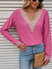 Contrast V-Neck Eyelet Long Sleeve Top