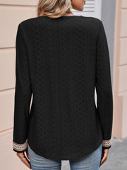 Contrast V-Neck Eyelet Long Sleeve Top