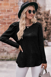 Round Neck Puff Sleeve Ribbed Top