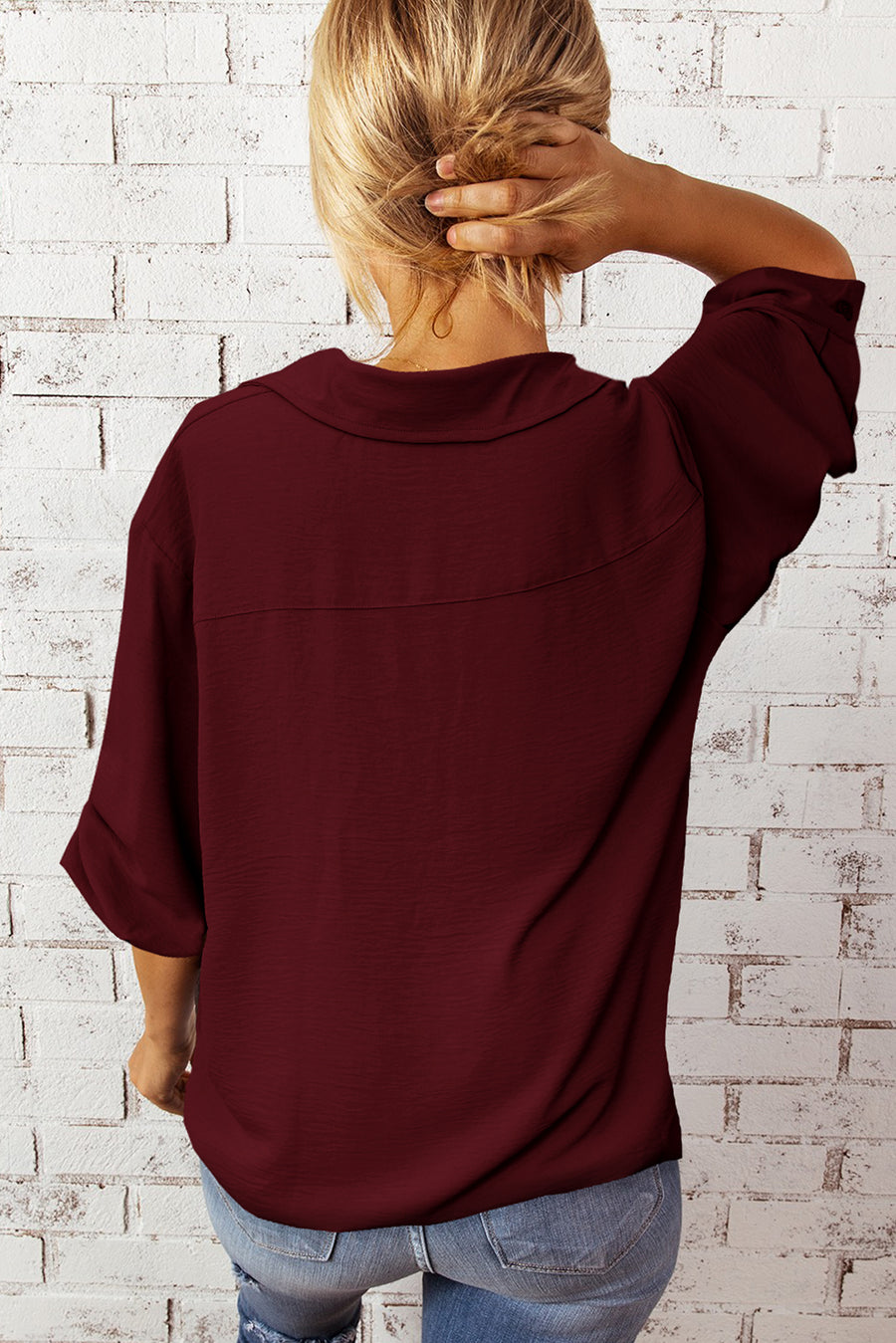 Textured Johnny Collar Three-Quarter Sleeve Blouse