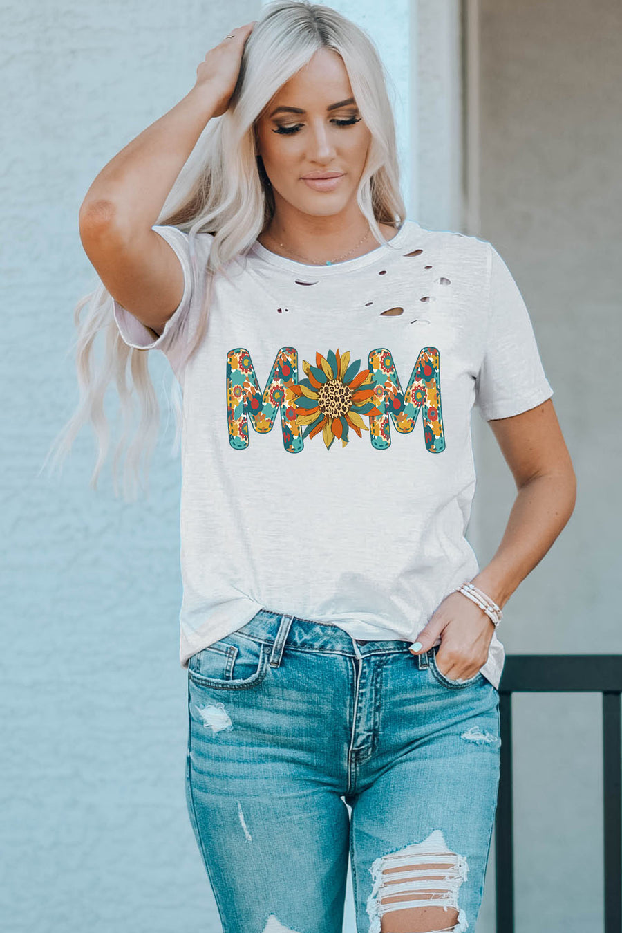 Letter Sunflower Graphic Distressed Tee