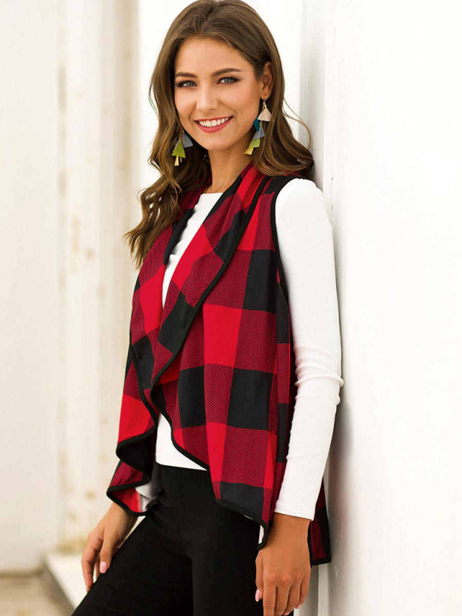 Plaid Open Front Sleeveless Cardigan