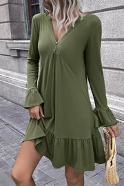V-Neck Flounce Sleeve Ruffle Hem Mini Dress