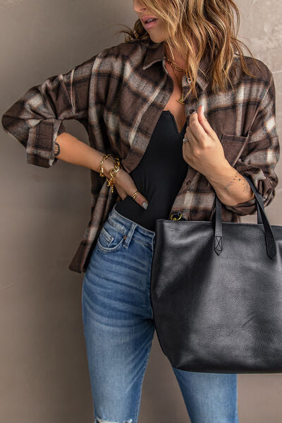 Plaid Button Up Dropped Shoulder Shirt