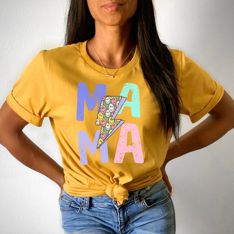 Mama Smiley Face Lightening Bolt T-shirt