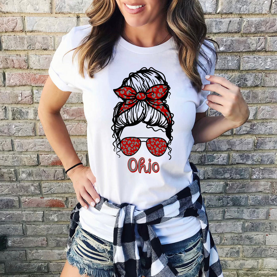 Ohio Leopard Messy Bun T-shirt