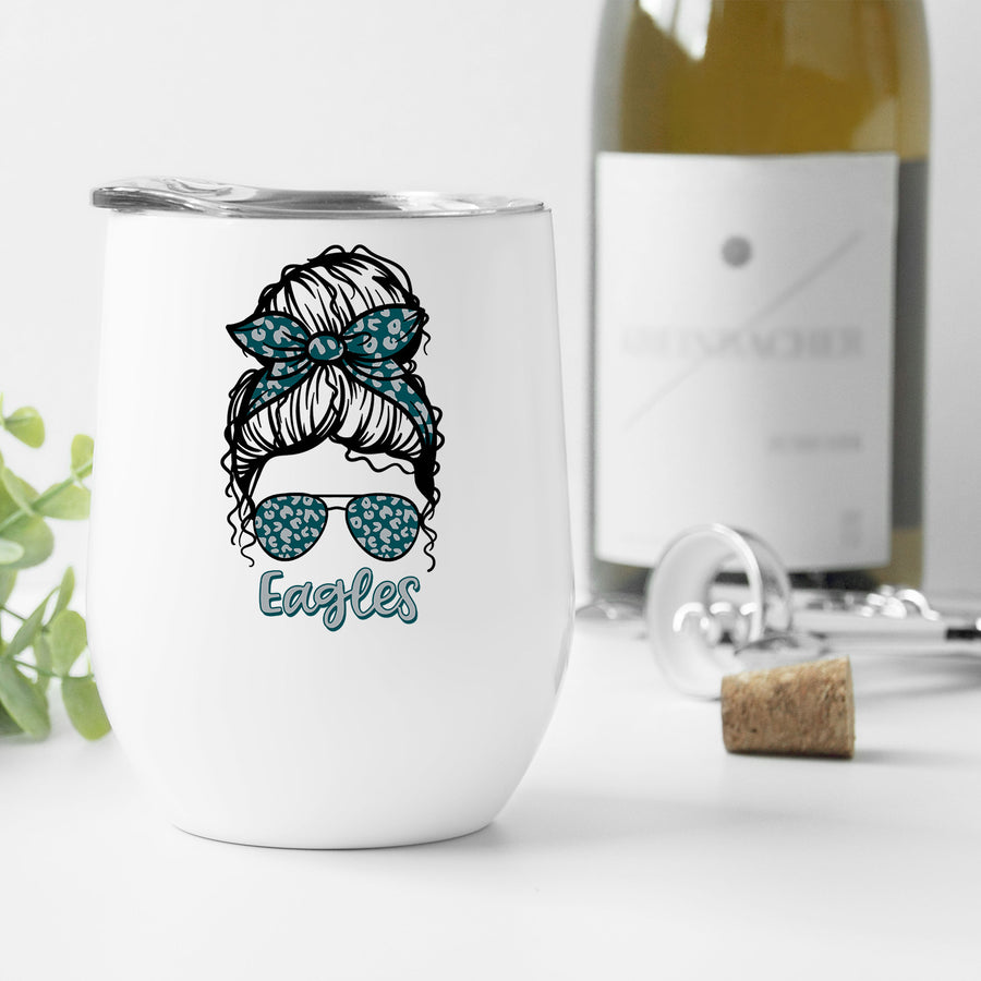 Eagles Leopard Messy Bun Wine Tumbler