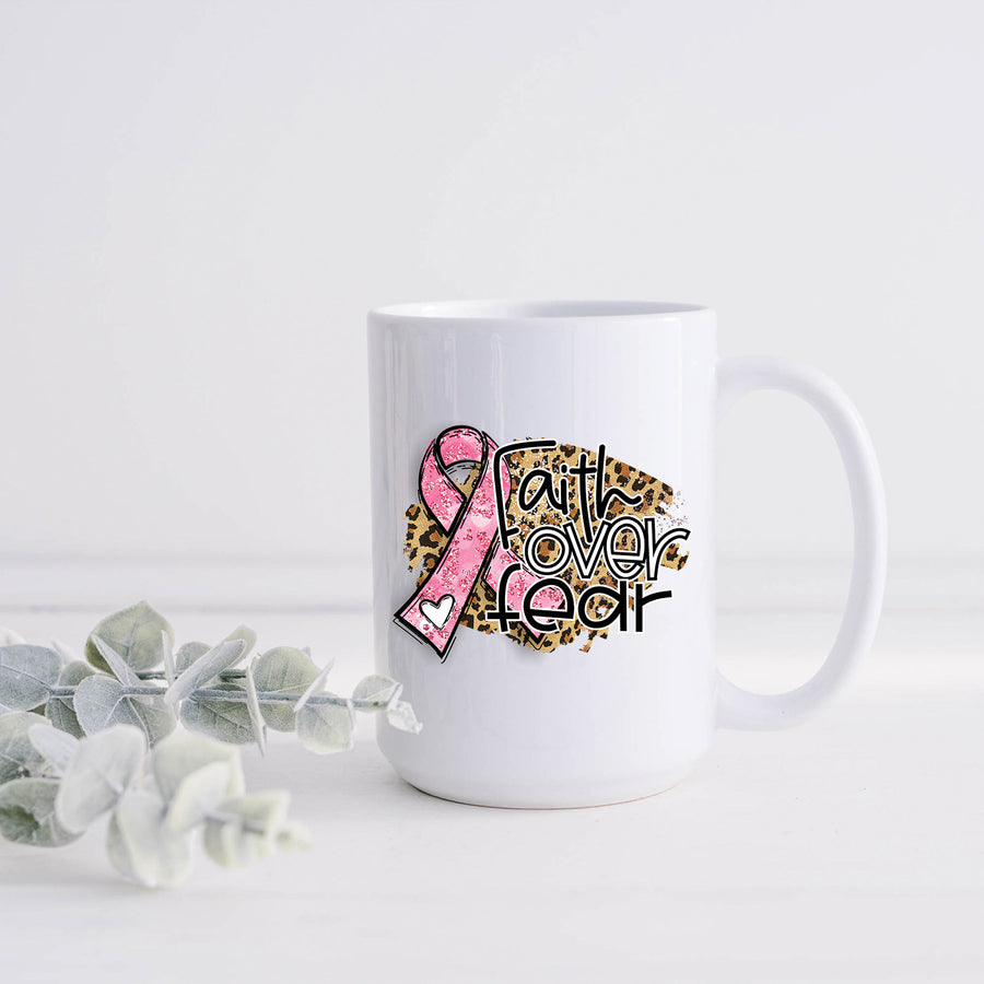Faith Over Fear Breast Cancer Ribbon 15oz Mug