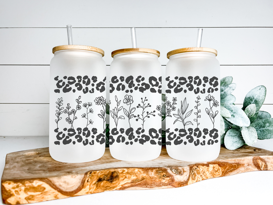 Floral and Leopard Border Glass Can Tumbler