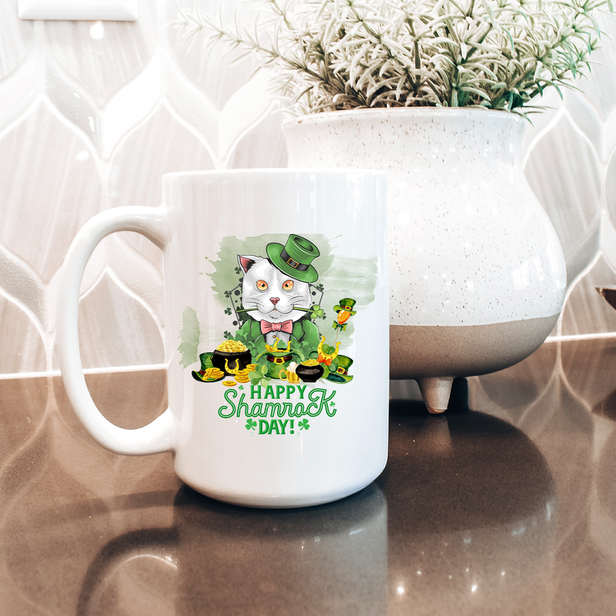 Happy Shamrock Day Cat 15oz Mug