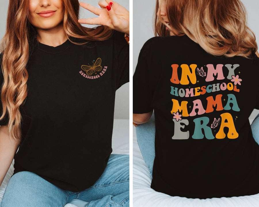 Butterfly Homeschool Mama Back Unisex T-shirt (Left Pocket and Back)
