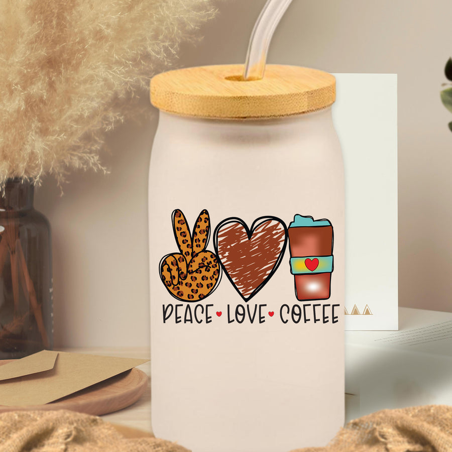 Peace Love Coffee Glass Can Tumbler