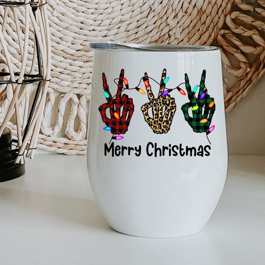 Plaid and Leopard Christmas Peace Hands Wine Tumbler