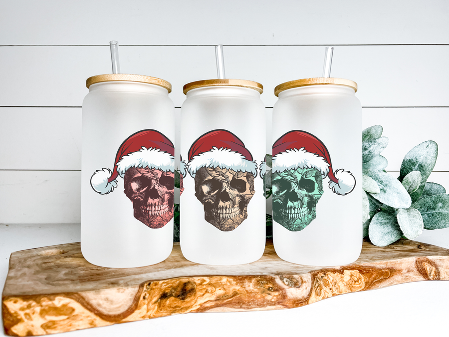 Santa Skulls Glass Can Tumbler