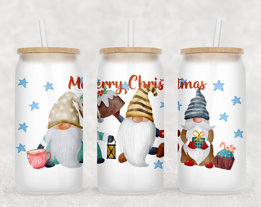 Merry Christmas Gnomes Glass Can Tumbler