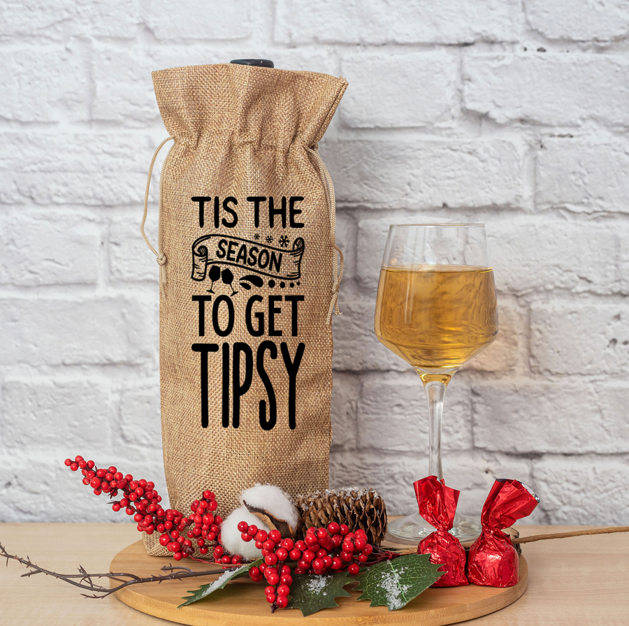Tis The Season To Get Tipsy Burlap Wine Bag