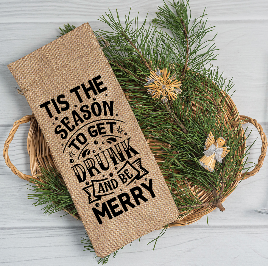 Drunk and Be Merry Burlap Wine Bag