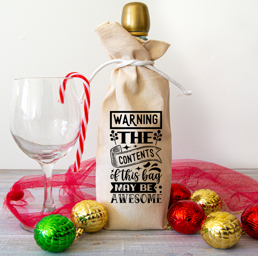 Contents May Be Awesome Burlap Wine Bag