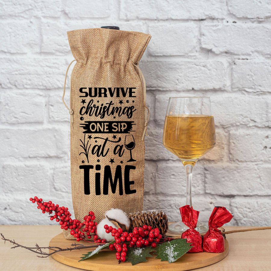 Survive Christmas Burlap Wine Bag