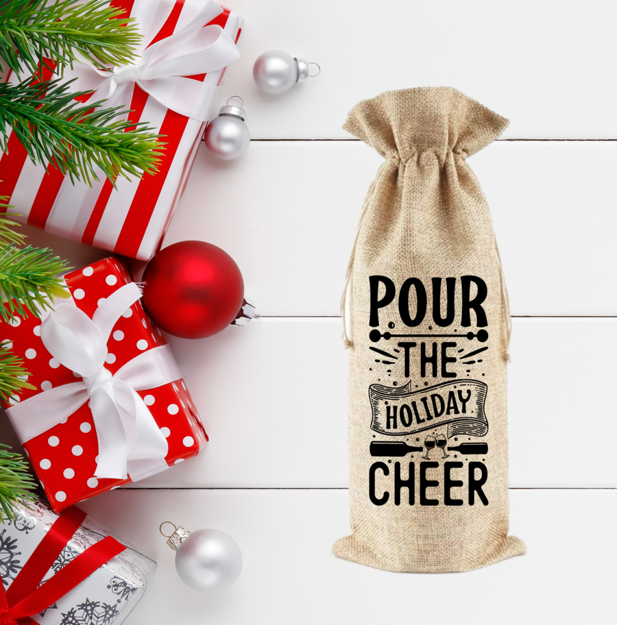Pour The Holiday Cheer Burlap Wine Bag
