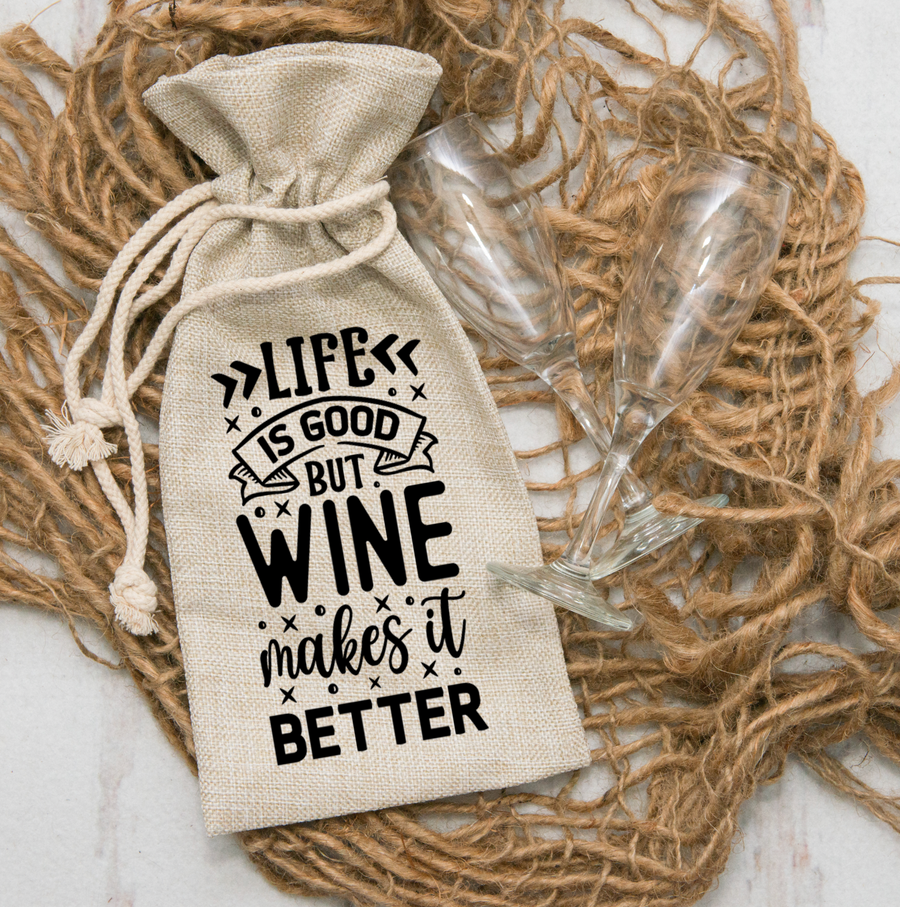 Life Is Good Wine Makes It Better Burlap Wine Bag