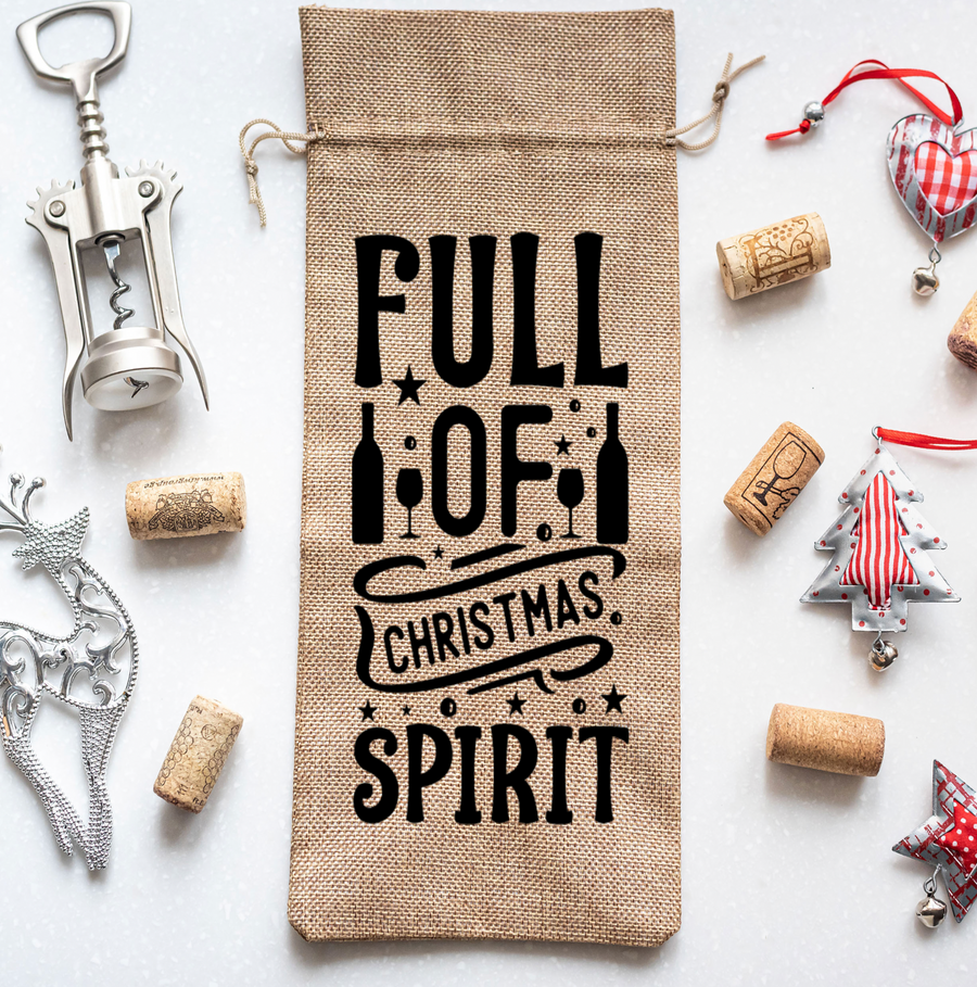 Full Of Christmas Spirit Burlap Wine Bag