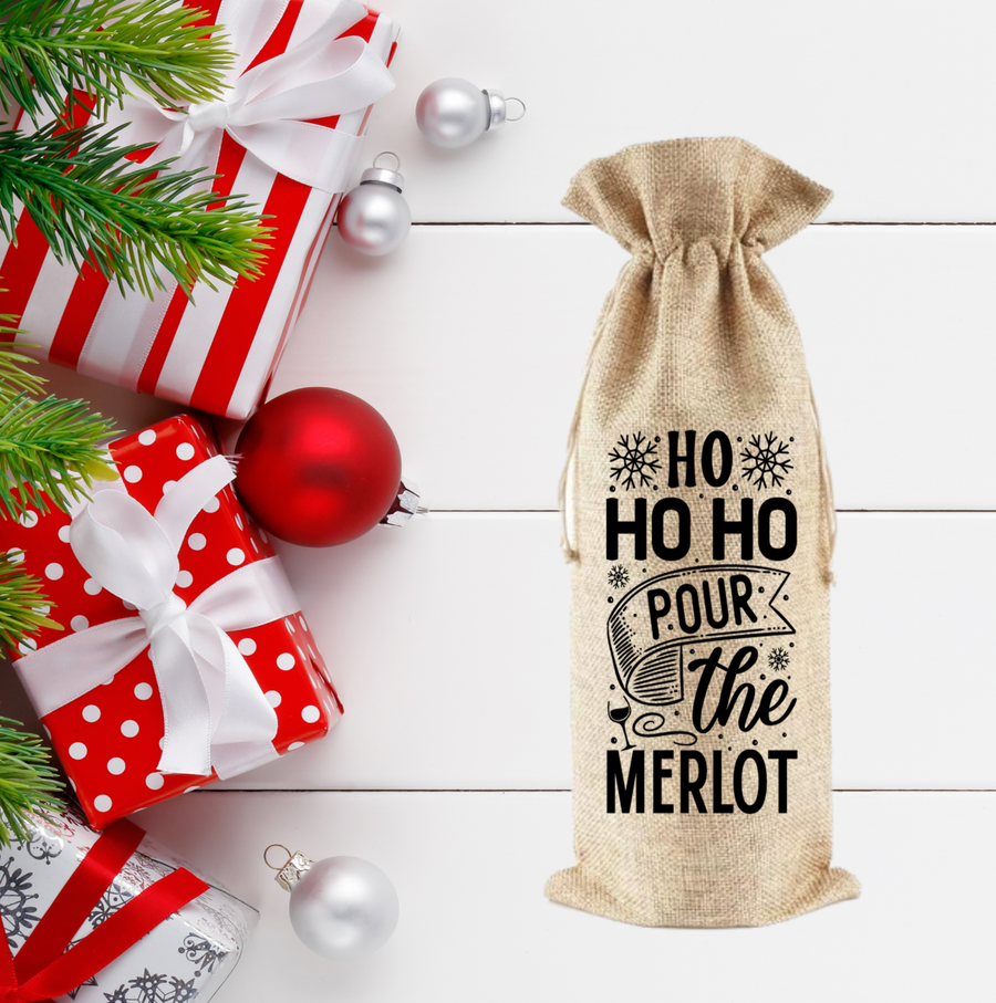 Ho Ho Ho Pour The Merlot Burlap Wine Bag