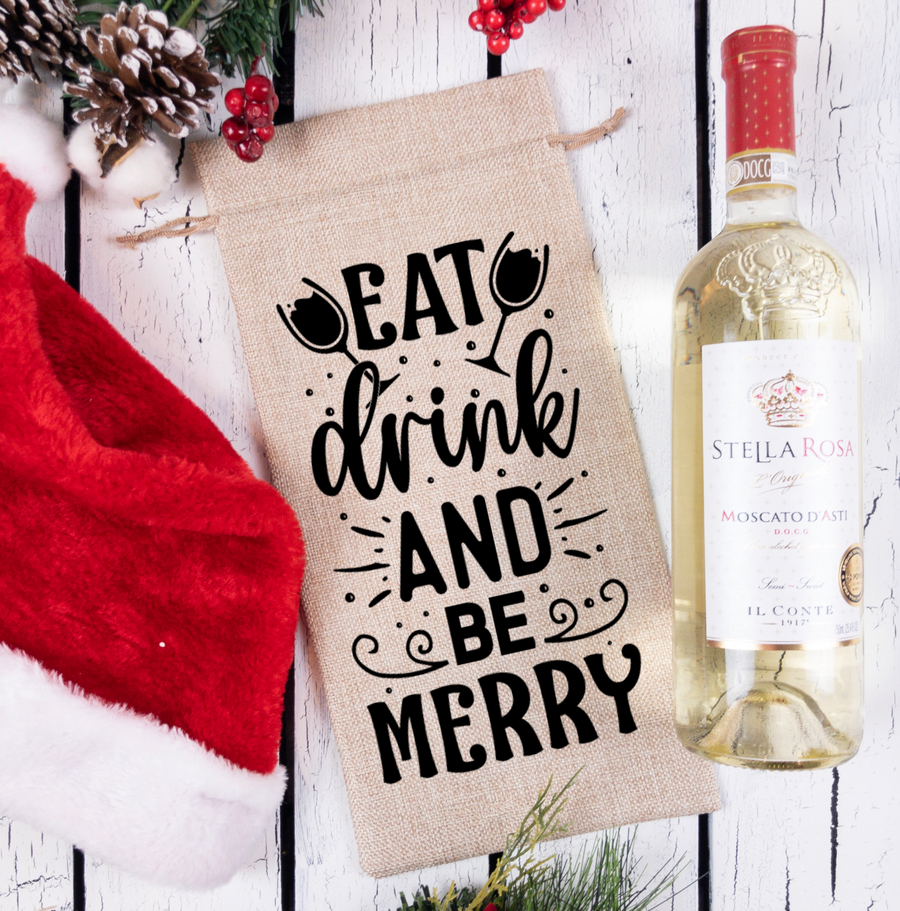 Eat Drink and Be Merry Burlap Wine Bag