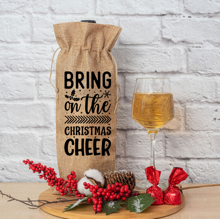 Bring On The Christmas Cheer Burlap Wine Bag