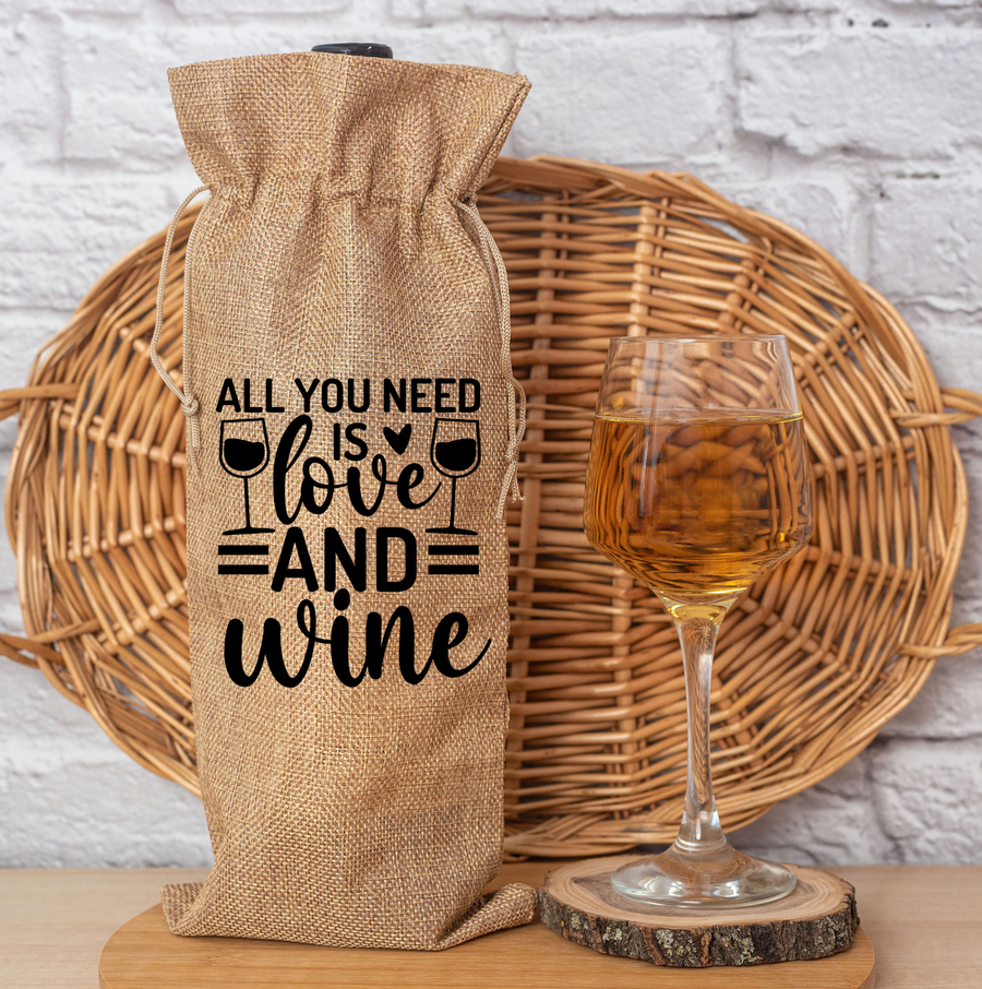 Love and Wine Burlap Wine Bag