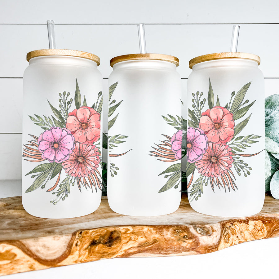 Vintage Flowers Glass Can Tumbler