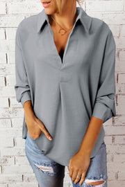 Textured Johnny Collar Three-Quarter Sleeve Blouse