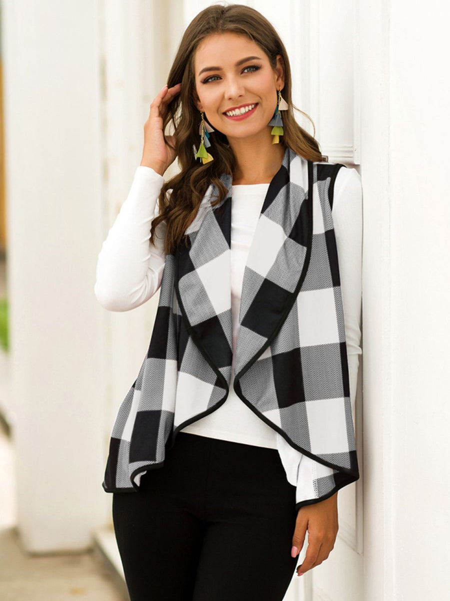 Plaid Open Front Sleeveless Cardigan