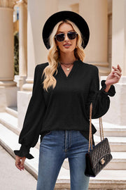 Notched Neck Flounce Sleeve Blouse