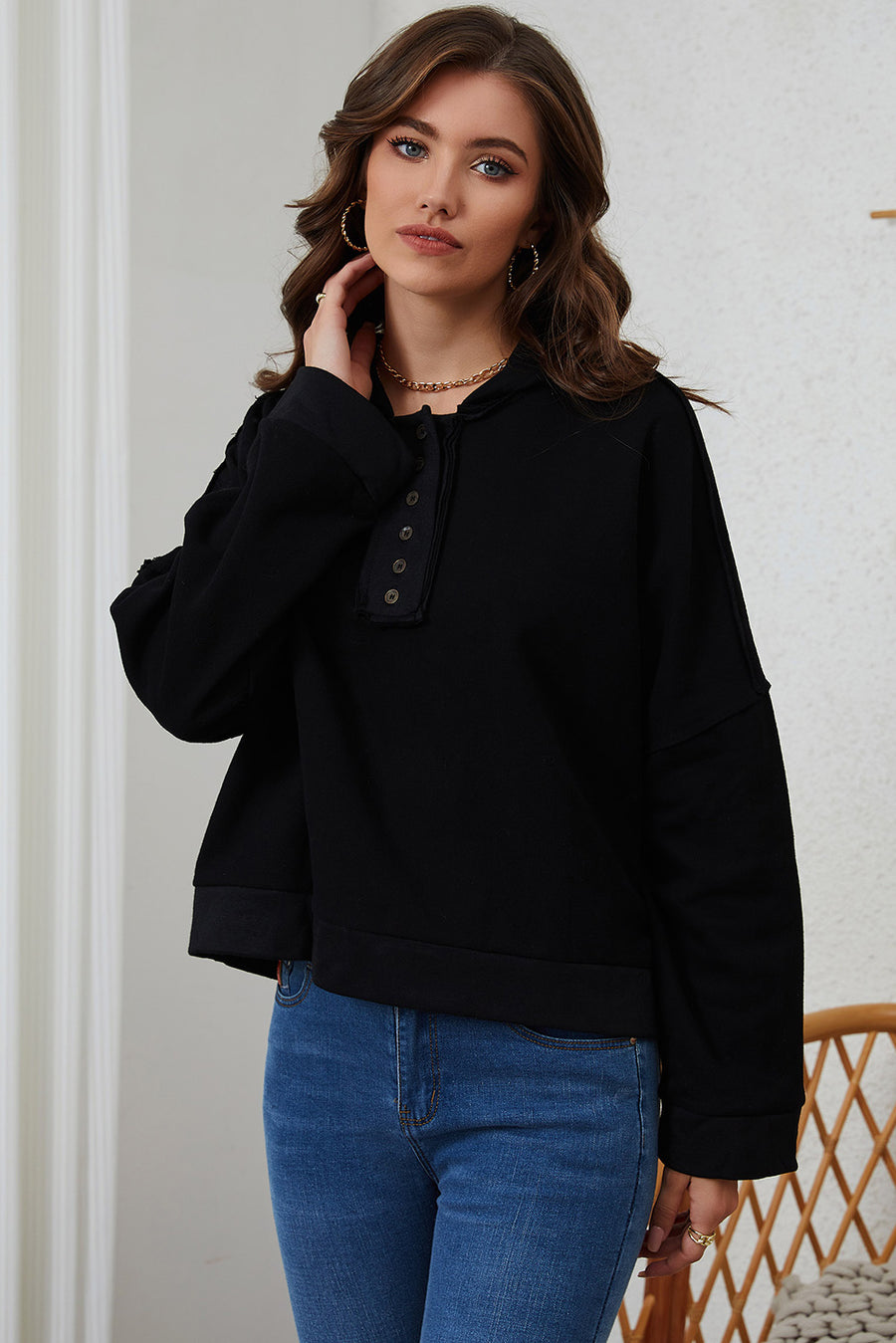 Quarter-Button Exposed Seam Dropped Shoulder Hoodie