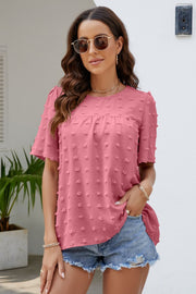 Swiss Dot Puff Sleeve Round Neck Blouse