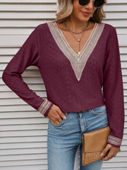 Contrast V-Neck Eyelet Long Sleeve Top