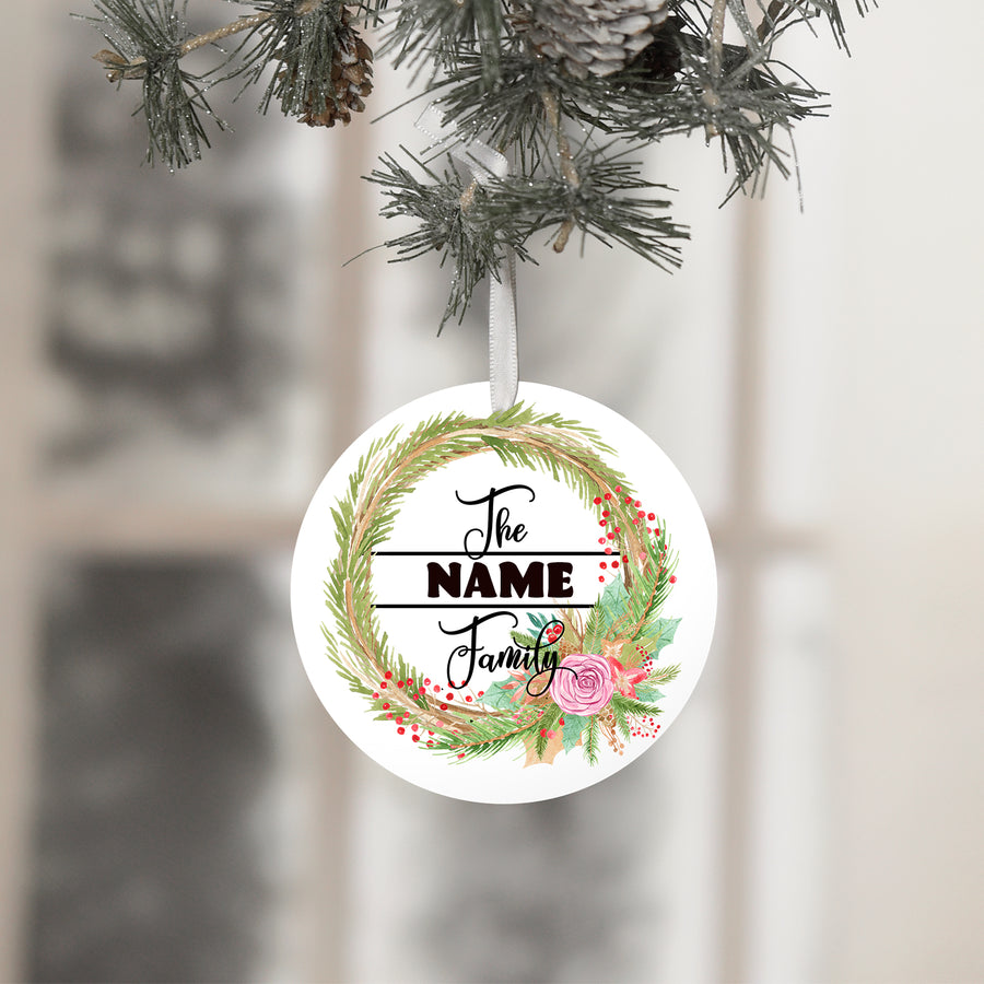 Custom Farmhouse Wreath Family - Holiday Ornament