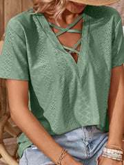 Crisscross V-Neck Eyelet Top