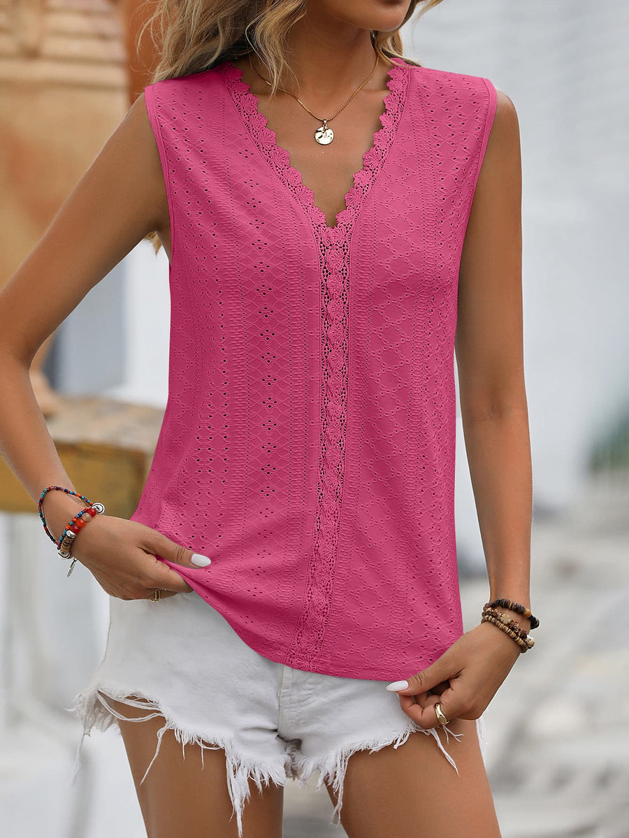 Spliced Lace V-Neck Sleeveless Tank